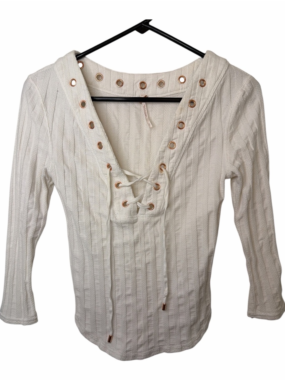 Free People Ice Cold Lace Up Ribbed Top Ivory White Copper Grommets Size S
